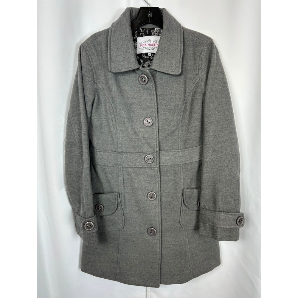 Pink Martini Gray Solid Pea Coat Button Front Professional Classic Small